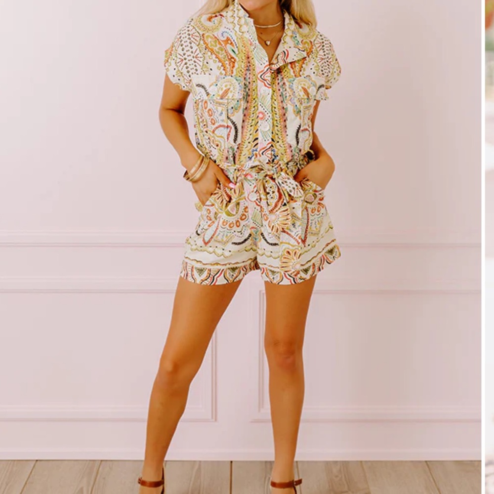 Boutique Multicolor Printed Tie-Waist Romper – Fate - Size S - Picture 2 of 6